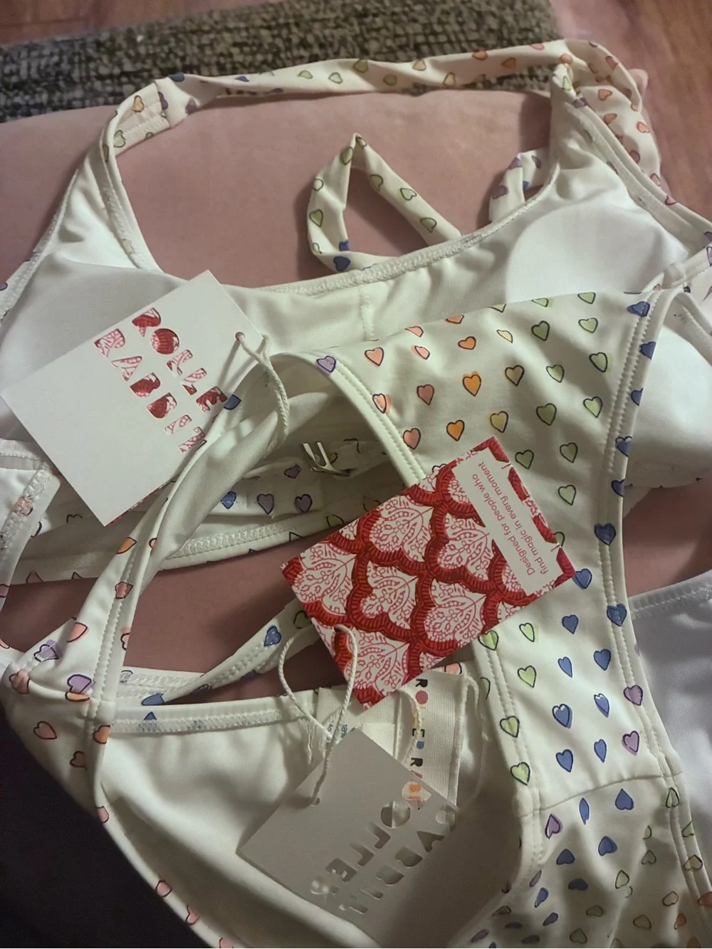 Roller Rabbit White Bandeau Bikini with Multicolor Pastel Heart Print